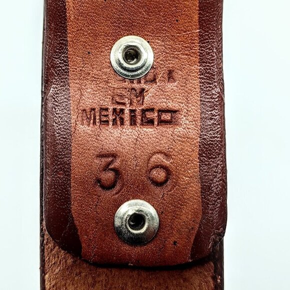 Mexican Silver Brown Hand-Tooled Painted Leather Belt - 36 - Picture 7 of 7